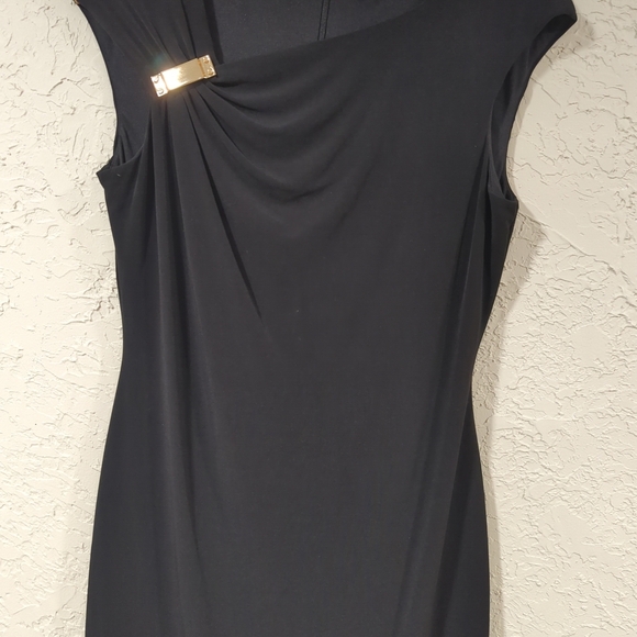 Calvin Klein Black Sheath Dress - Women's Size 6 Knee Length Gold Accent Classic - Picture 6 of 14